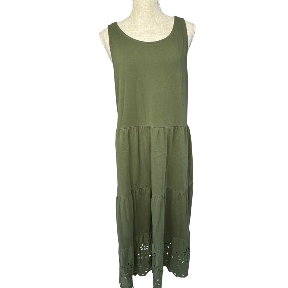 J.Crew Olive Green Sleeveless Tiered Midi Dress XL Eyelet Hem Cotton Made In Ind